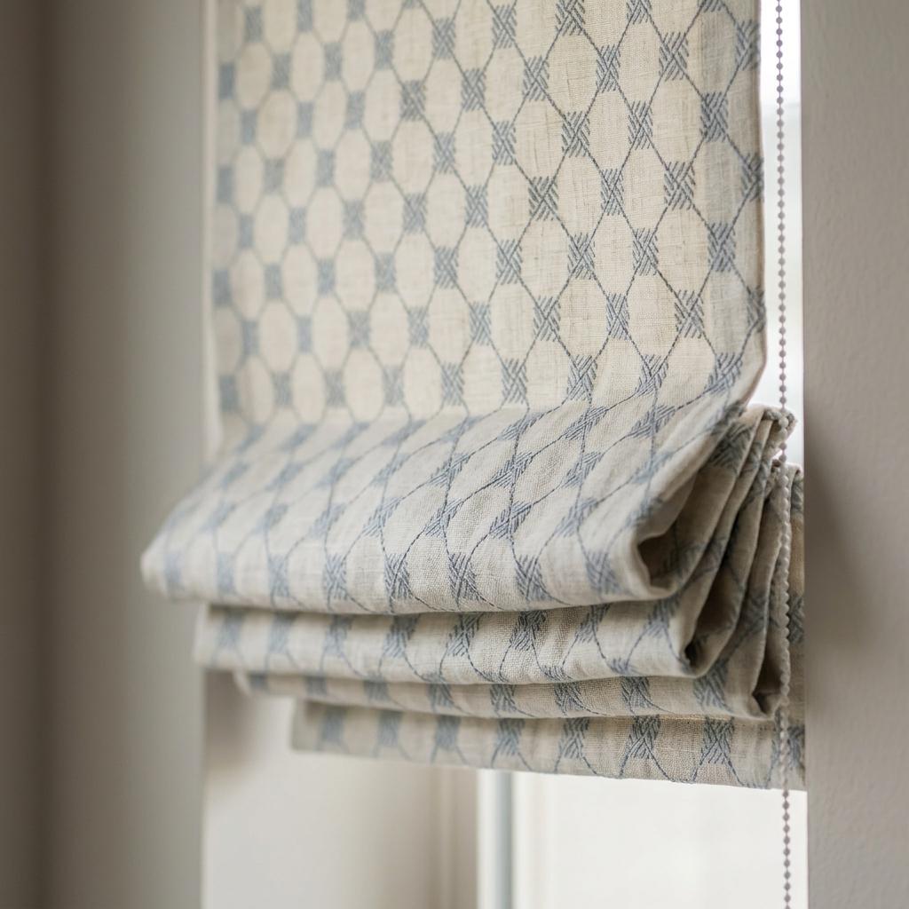 Blue Embroidered Linen Roman Shade, Diamond Trellis Custom Corded Blind, Blackout or Cotton Lined Window Shade — image 9