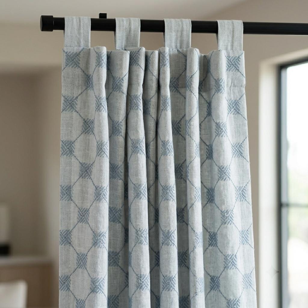 Blue Embroidered Linen Curtains, Diamond Lattice Check Drapes, Custom Blackout Cotton Lined Cafe Curtain Panels — image 3