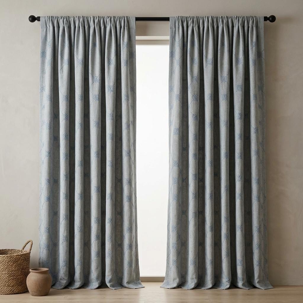 Blue Embroidered Linen Curtains, Diamond Lattice Check Drapes, Custom Blackout Cotton Lined Cafe Curtain Panels — image 8