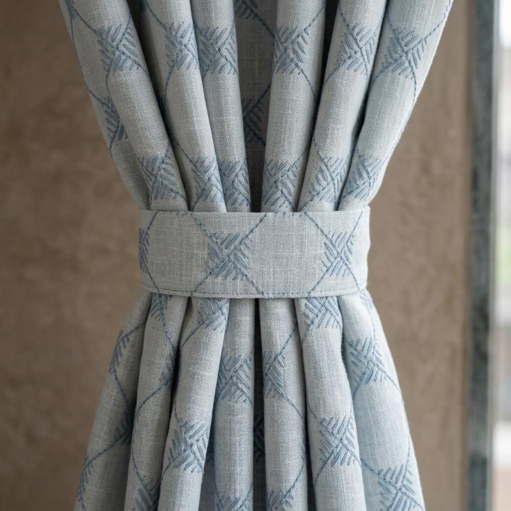 Blue Embroidered Linen Curtains, Diamond Lattice Check Drapes, Custom Blackout Cotton Lined Cafe Curtain Panels — image 2