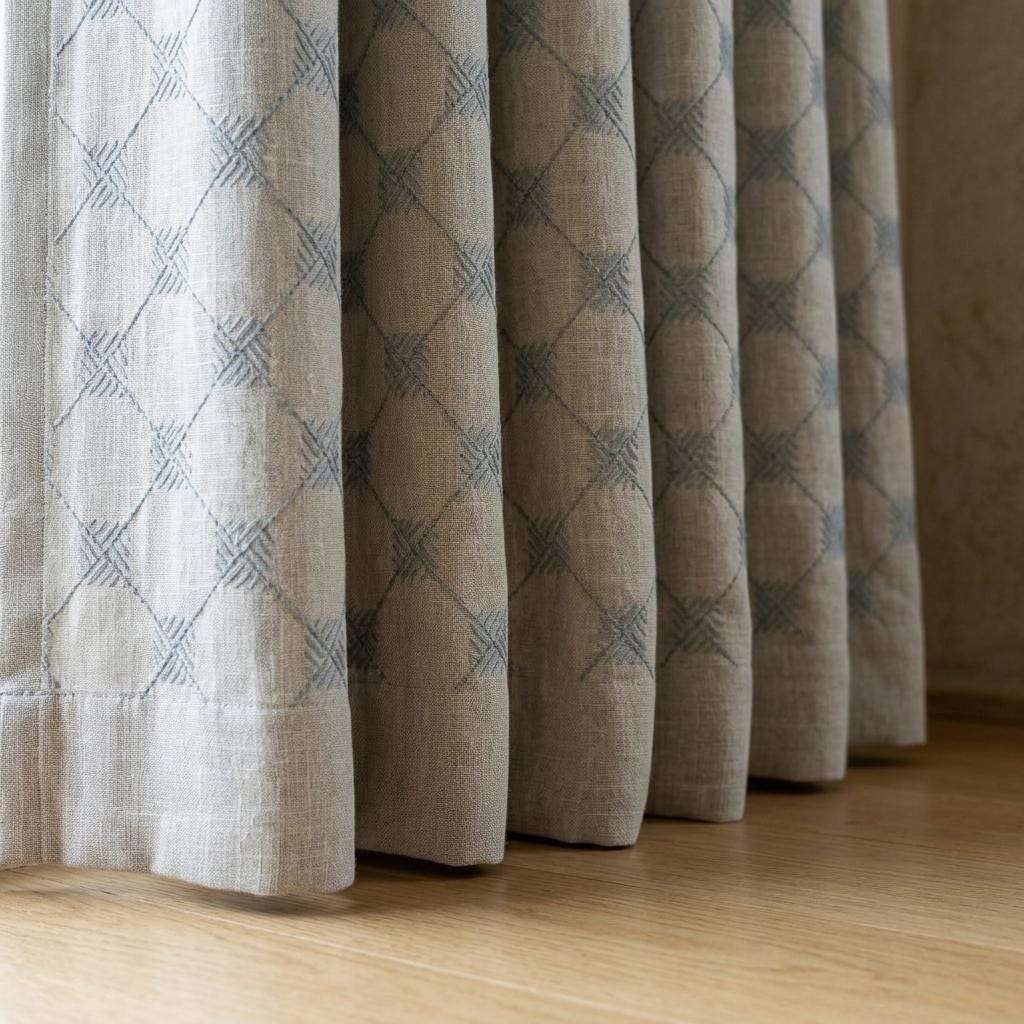 Blue Embroidered Linen Curtains, Diamond Lattice Check Drapes, Custom Blackout Cotton Lined Cafe Curtain Panels — image 5