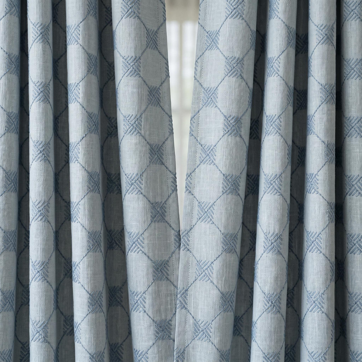 Blue Embroidered Linen Curtains, Diamond Lattice Check Drapes, Custom Blackout Cotton Lined Cafe Curtain Panels — image 9