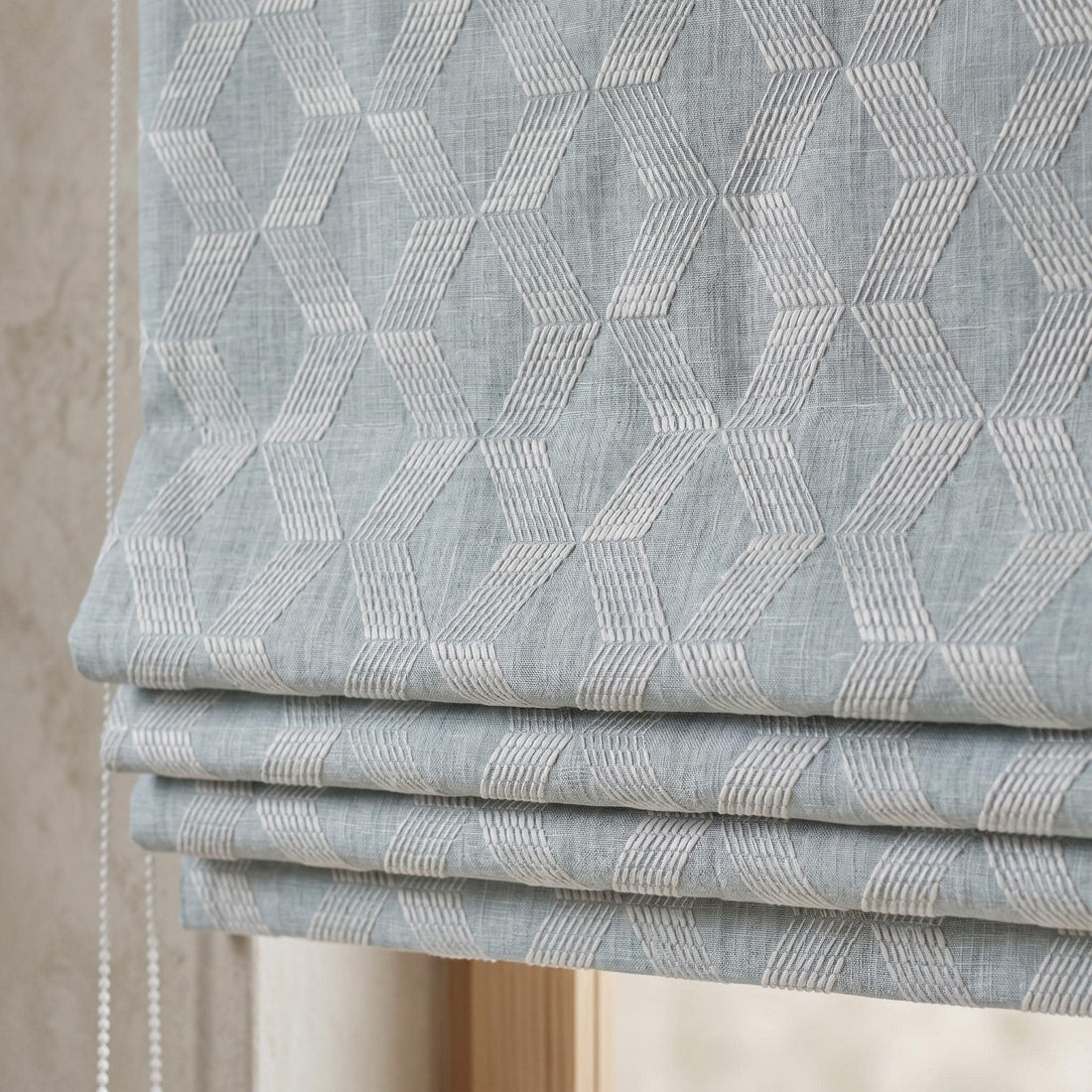 Blue Linen Roman Shade, Ivory Embroidered Chevron Trellis Blind, Custom Corded Blackout or Cotton Lined Window Shade — image 1