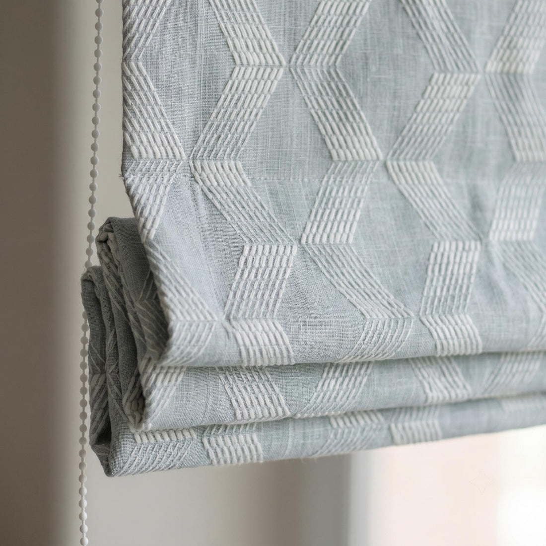 Blue Linen Roman Shade, Ivory Embroidered Chevron Trellis Blind, Custom Corded Blackout or Cotton Lined Window Shade — image 1