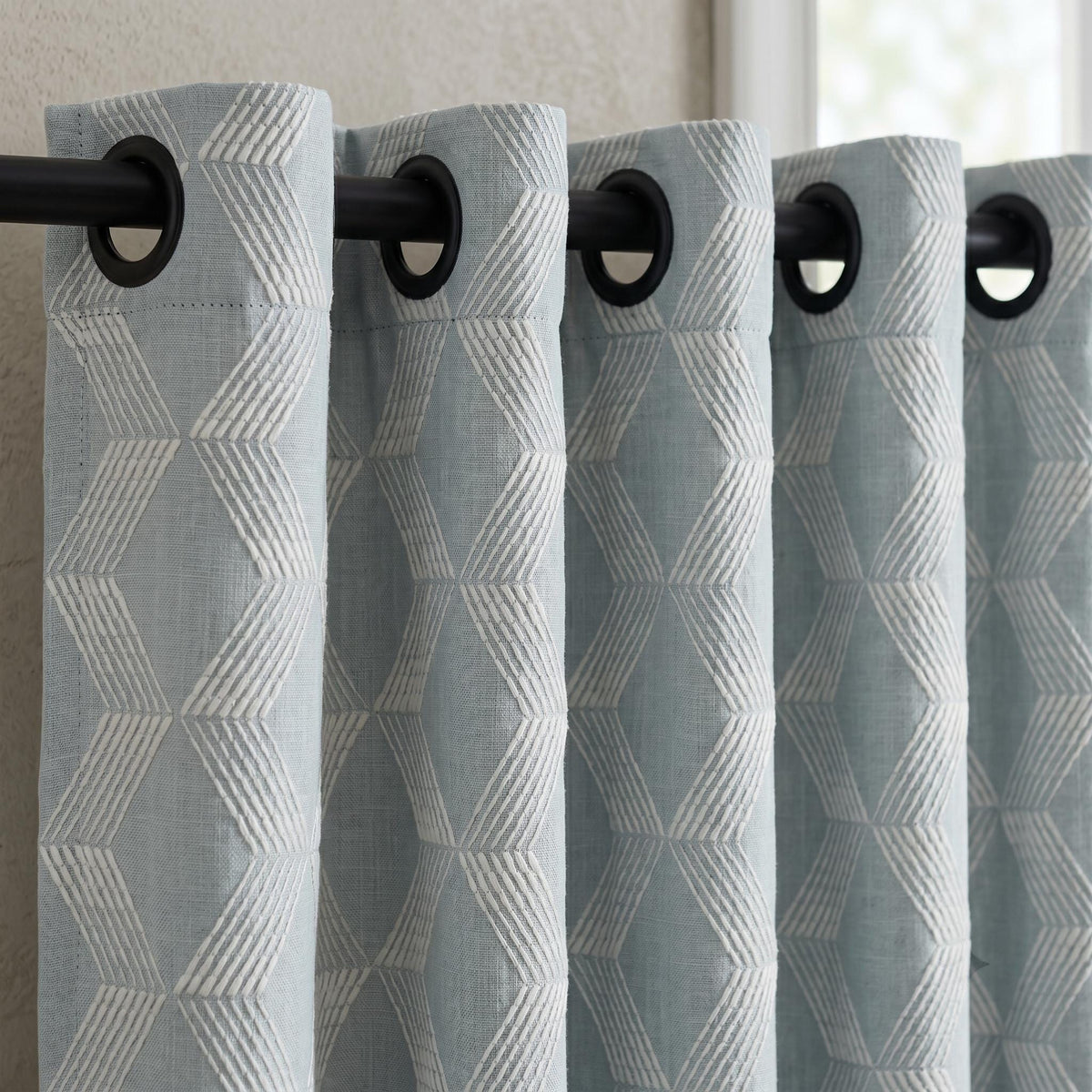 Heavy Blue Grey Embroidered Linen Curtains, Ivory Chevron Geometric Drapes, Custom Blackout Cotton Lined Cafe Panels — image 4