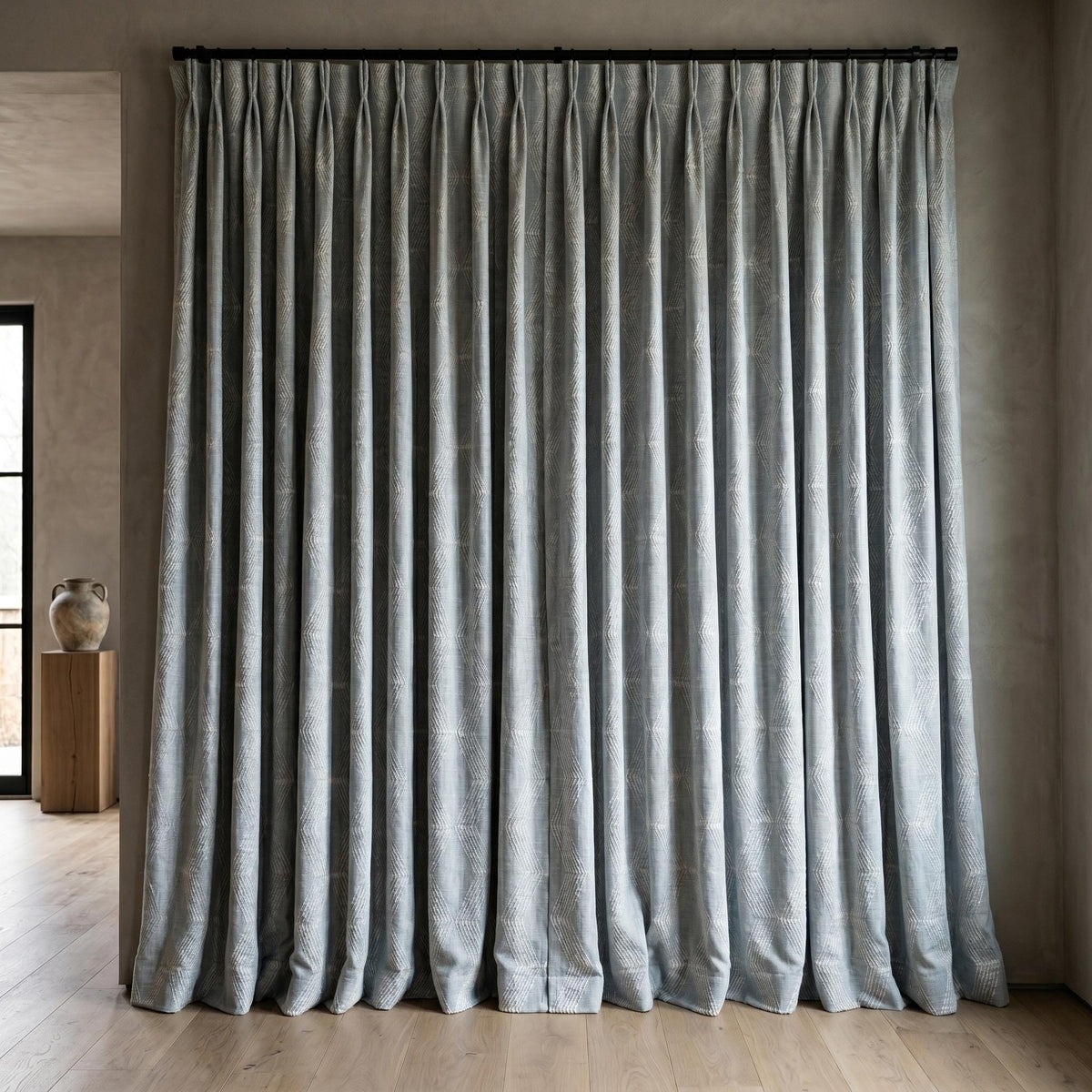 Heavy Blue Grey Embroidered Linen Curtains, Ivory Chevron Geometric Drapes, Custom Blackout Cotton Lined Cafe Panels — image 8