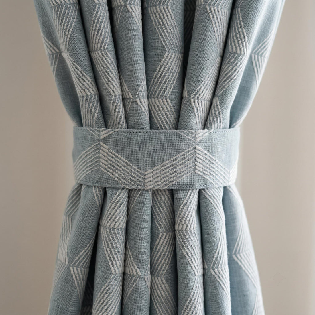 Heavy Blue Grey Embroidered Linen Curtains, Ivory Chevron Geometric Drapes, Custom Blackout Cotton Lined Cafe Panels — image 1