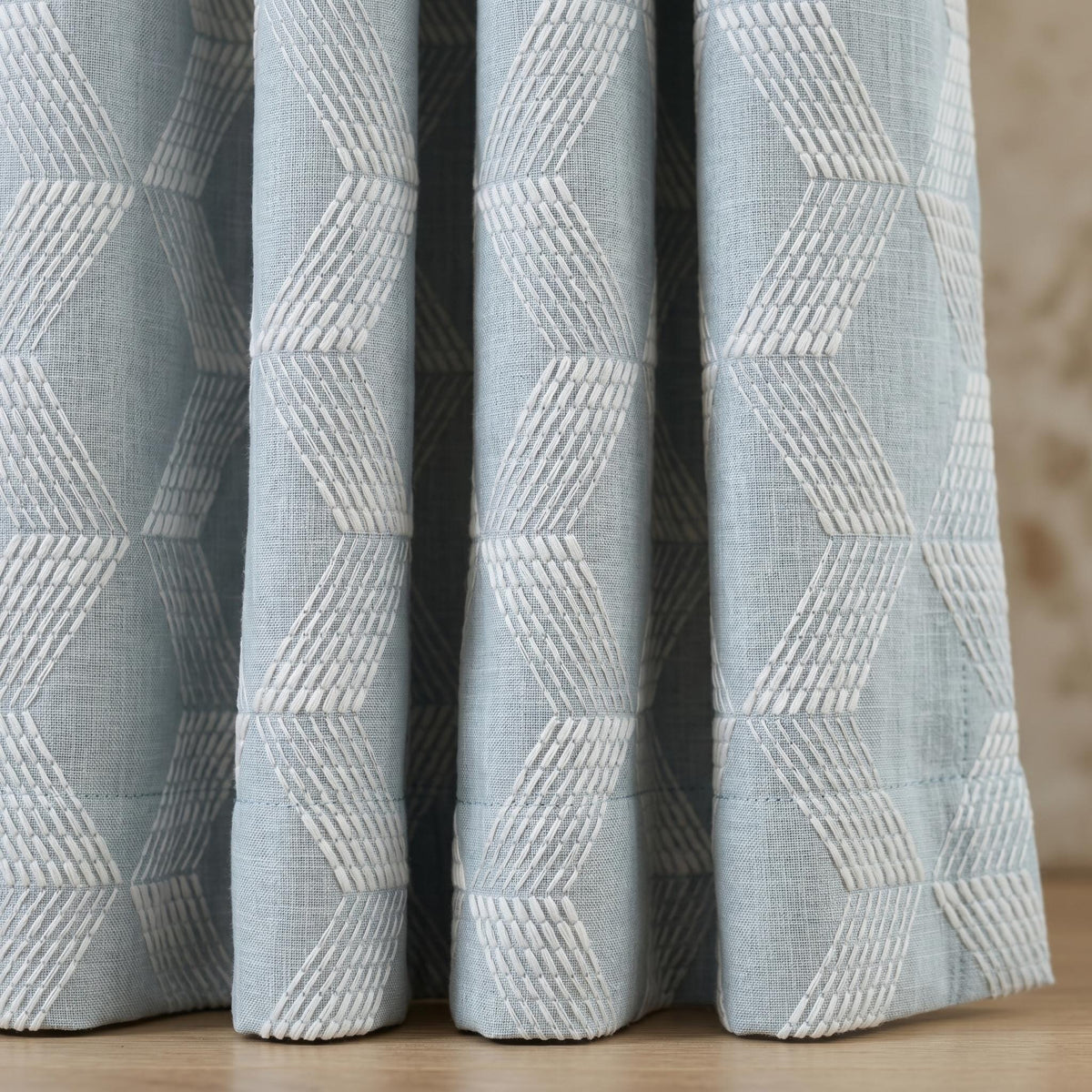 Heavy Blue Grey Embroidered Linen Curtains, Ivory Chevron Geometric Drapes, Custom Blackout Cotton Lined Cafe Panels — image 7
