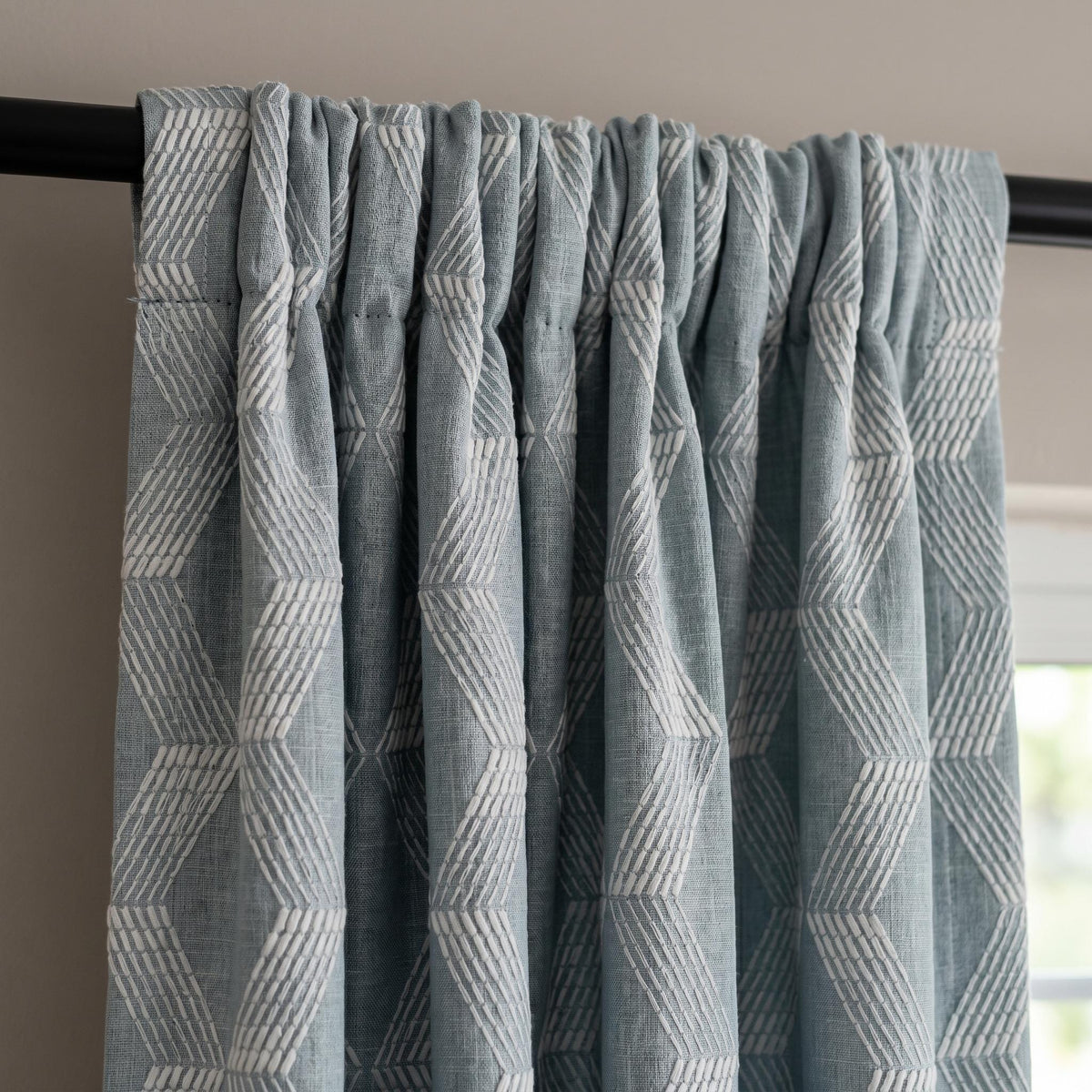 Heavy Blue Grey Embroidered Linen Curtains, Ivory Chevron Geometric Drapes, Custom Blackout Cotton Lined Cafe Panels — image 9