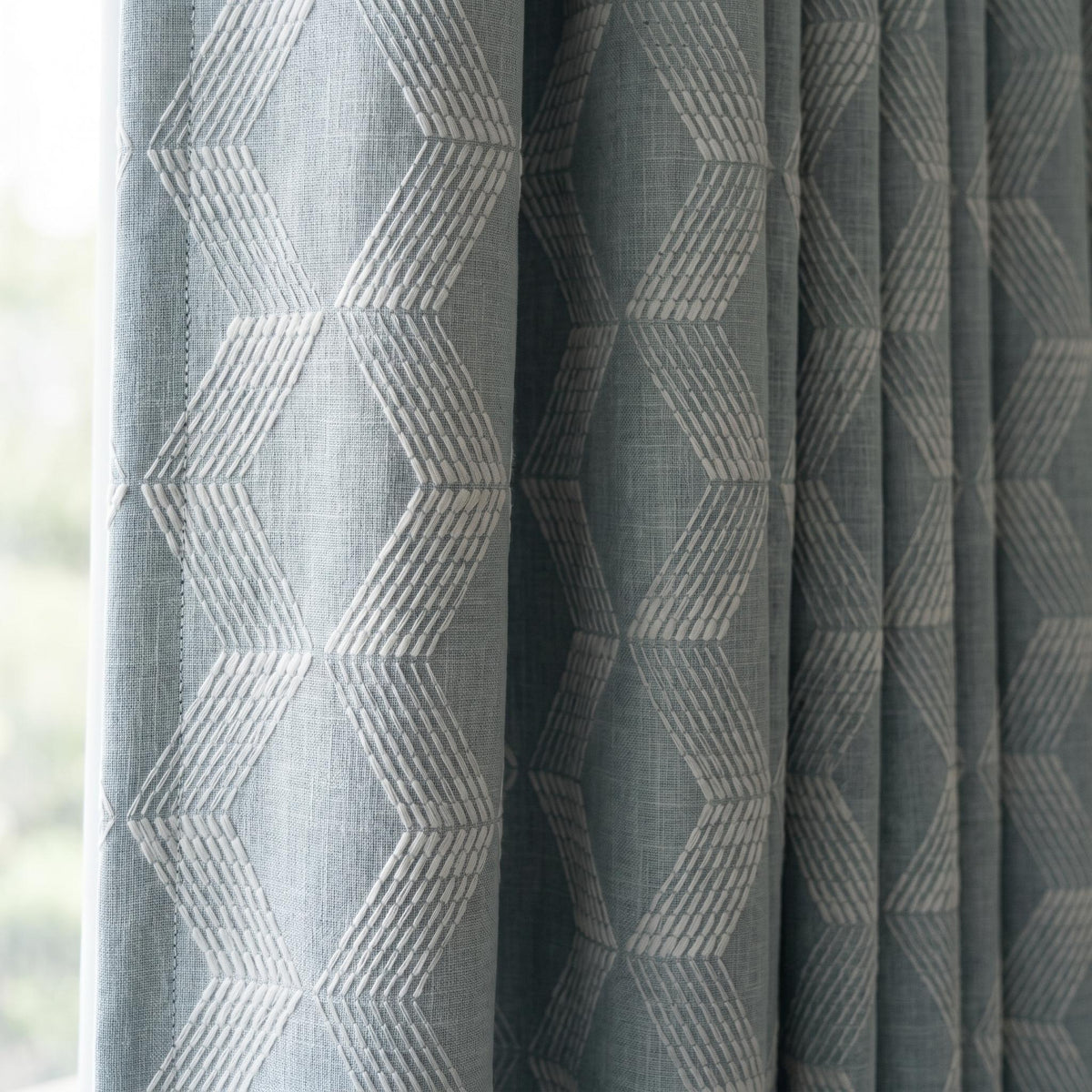 Heavy Blue Grey Embroidered Linen Curtains, Ivory Chevron Geometric Drapes, Custom Blackout Cotton Lined Cafe Panels — image 3
