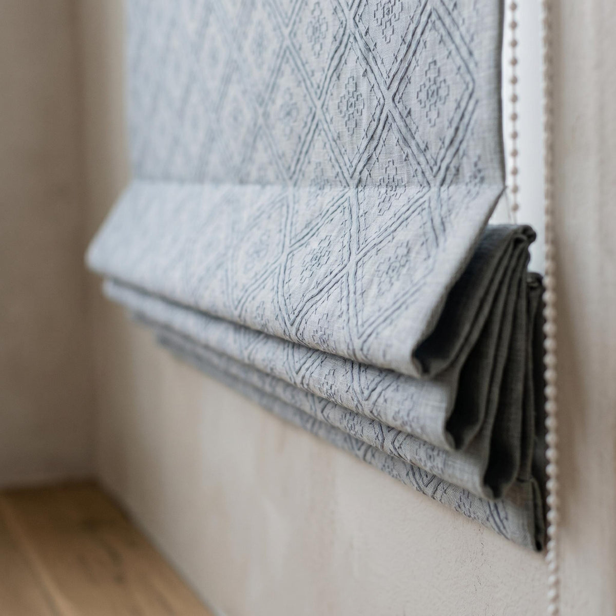 Blue Embroidered Linen Roman Shade, Geometric Diamond Trellis Custom Corded Blackout or Cotton Lined Blind — image 3