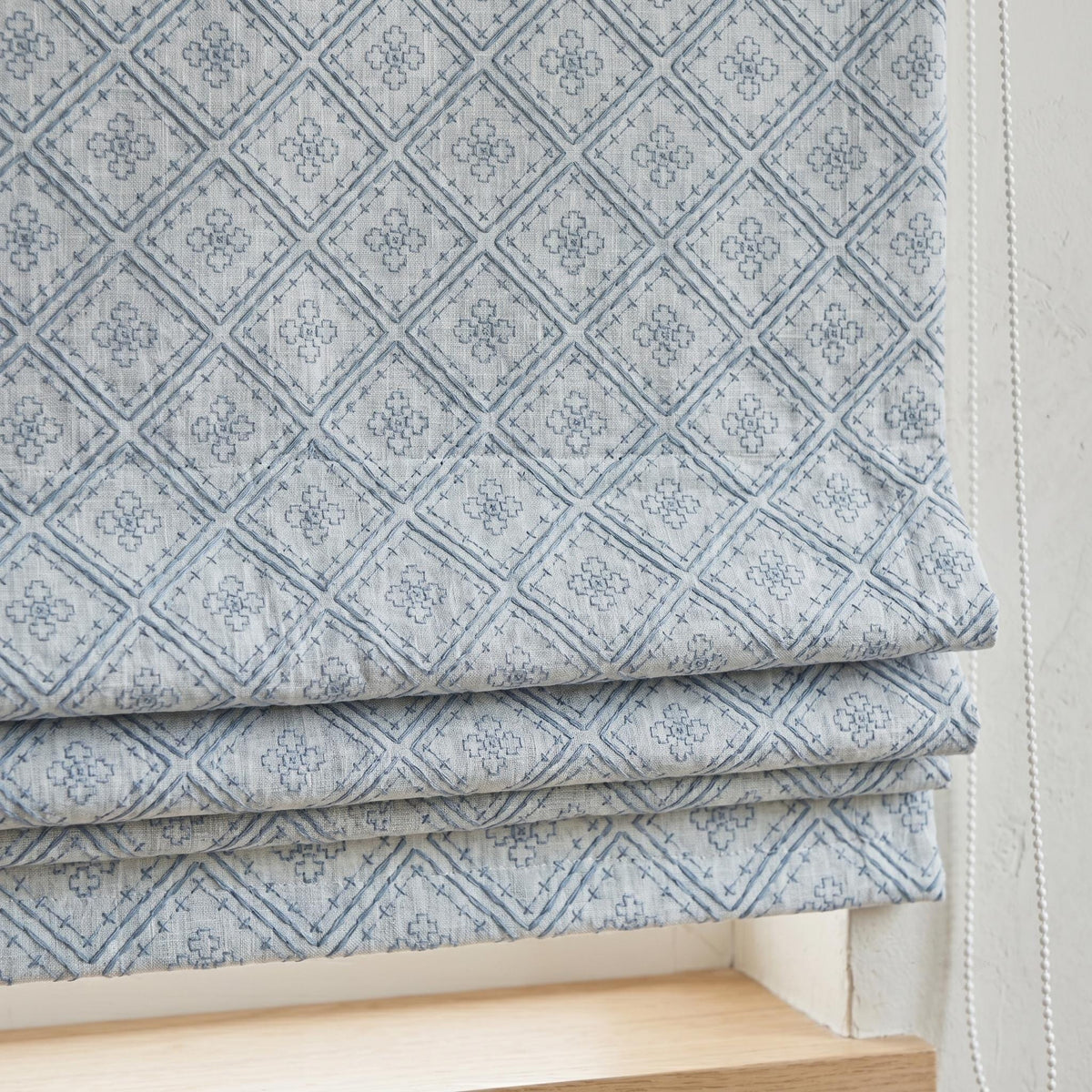 Blue Embroidered Linen Roman Shade, Geometric Diamond Trellis Custom Corded Blackout or Cotton Lined Blind — image 7