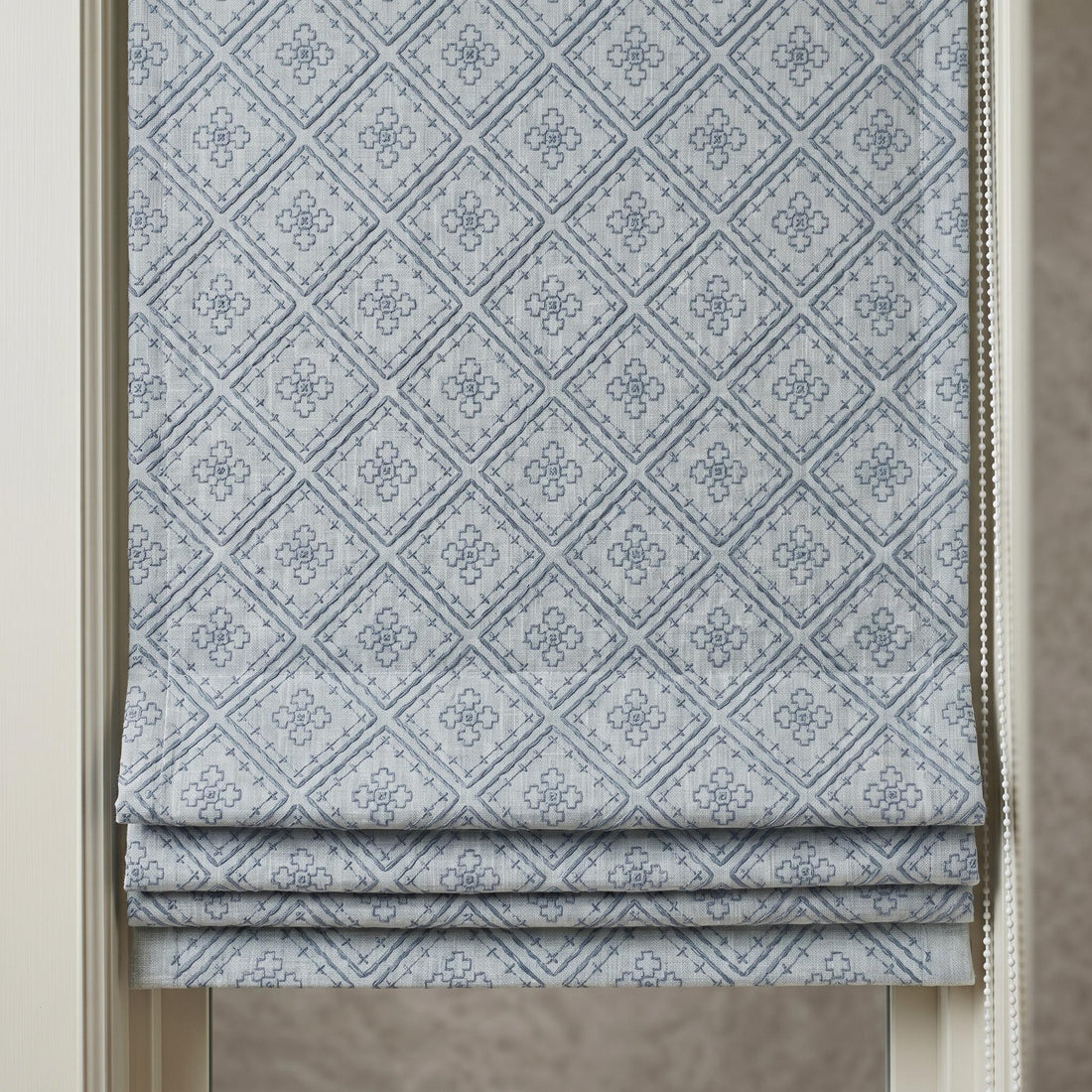 Blue Embroidered Linen Roman Shade, Geometric Diamond Trellis Custom Corded Blackout or Cotton Lined Blind — image 1