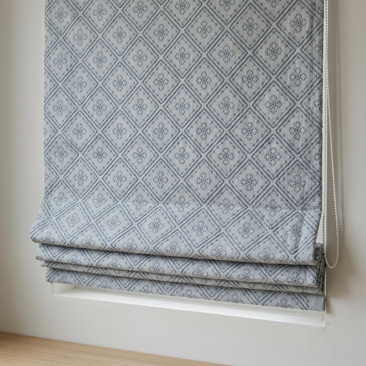 Blue Embroidered Linen Roman Shade, Geometric Diamond Trellis Custom Corded Blackout or Cotton Lined Blind — image 6