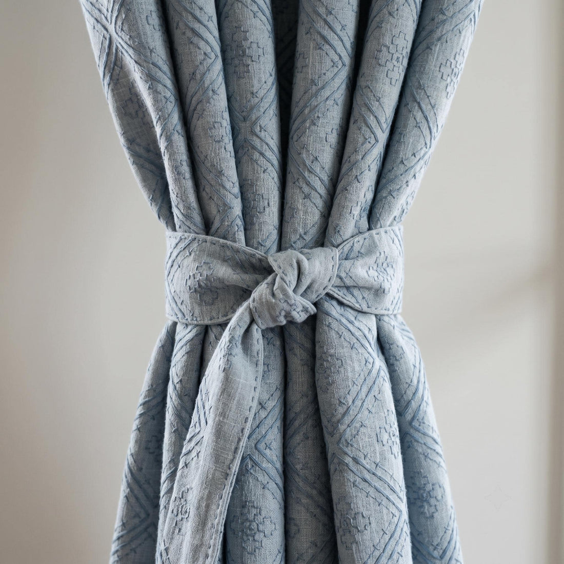 Blue Embroidered Linen Curtains, Diamond Medallion Geometric Drapes, Custom Blackout Cotton Lined Cafe Panels — image 1