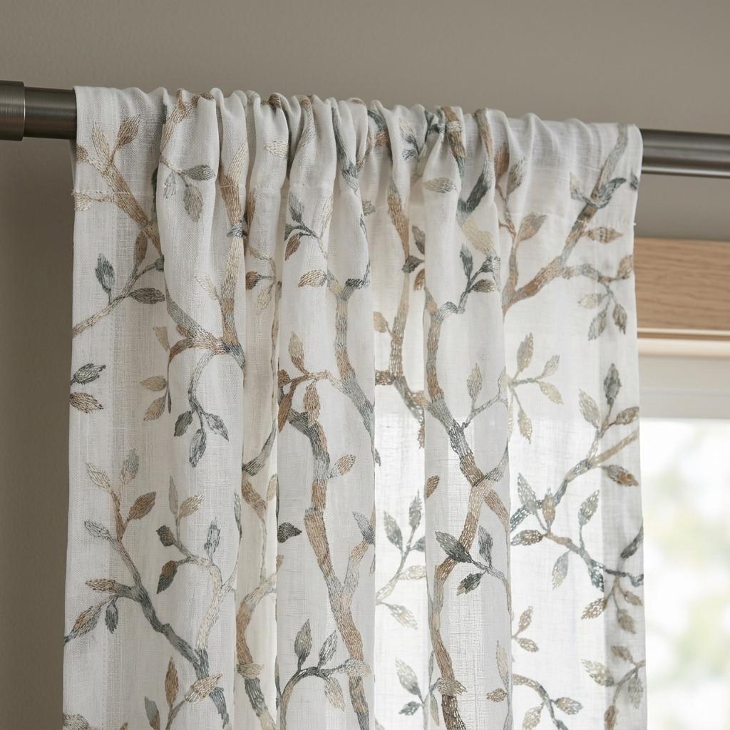 White Linen Sheer Curtains, Eucalyptus Ivory Brown Embroidered Vine Drapes, Botanical Custom Curtain Panel — image 5