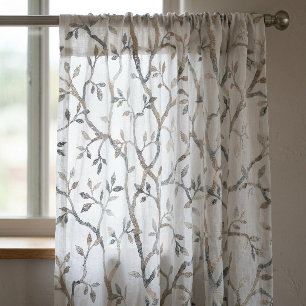 White Linen Sheer Curtains, Eucalyptus Ivory Brown Embroidered Vine Drapes, Botanical Custom Curtain Panel — image 6