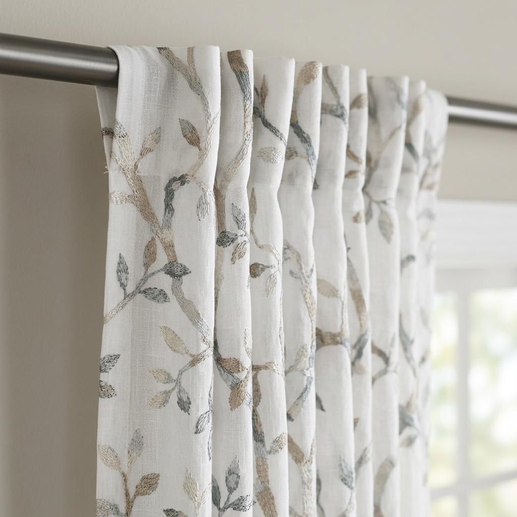 White Linen Sheer Curtains, Eucalyptus Ivory Brown Embroidered Vine Drapes, Botanical Custom Curtain Panel — image 3