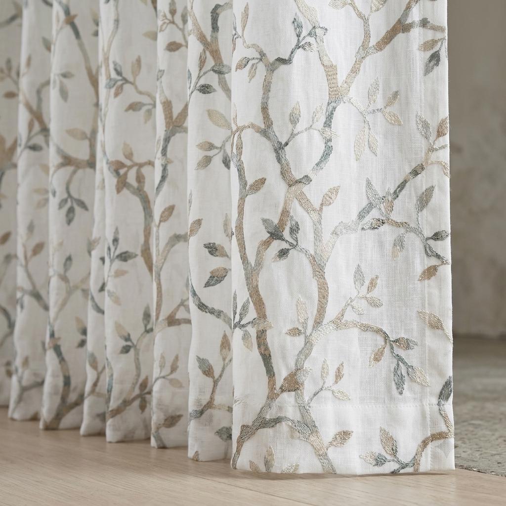 White Linen Sheer Curtains, Eucalyptus Ivory Brown Embroidered Vine Drapes, Botanical Custom Curtain Panel — image 1