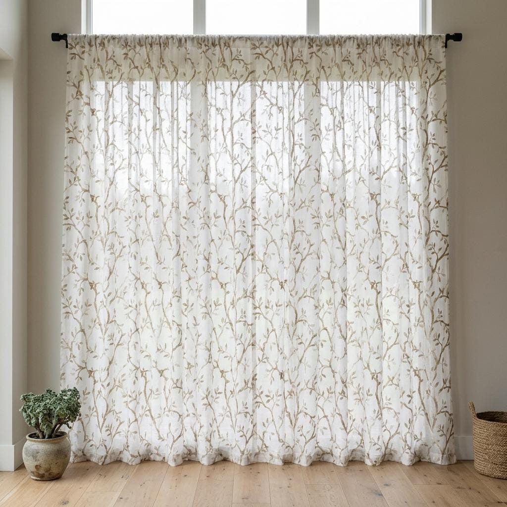 White Linen Sheer Curtains, Flax Beige Embroidered Botanical Vine Drapes, Custom Pure Linen Curtain Panel — image 2