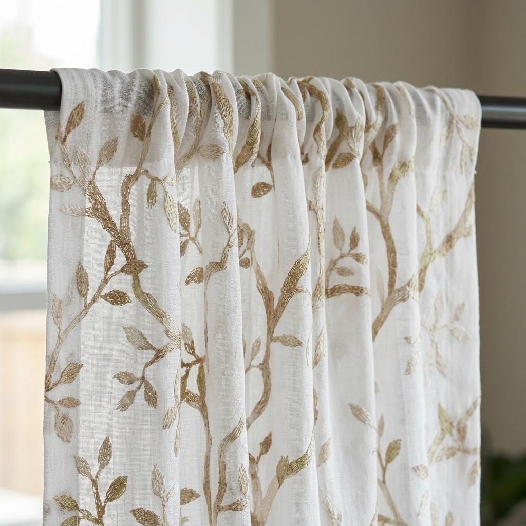 White Linen Sheer Curtains, Flax Beige Embroidered Botanical Vine Drapes, Custom Pure Linen Curtain Panel — image 4