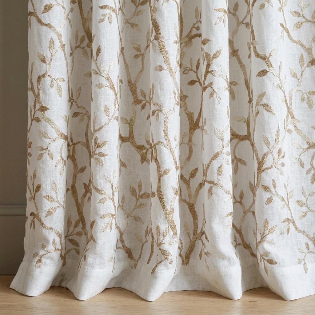 White Linen Sheer Curtains, Flax Beige Embroidered Botanical Vine Drapes, Custom Pure Linen Curtain Panel — image 10