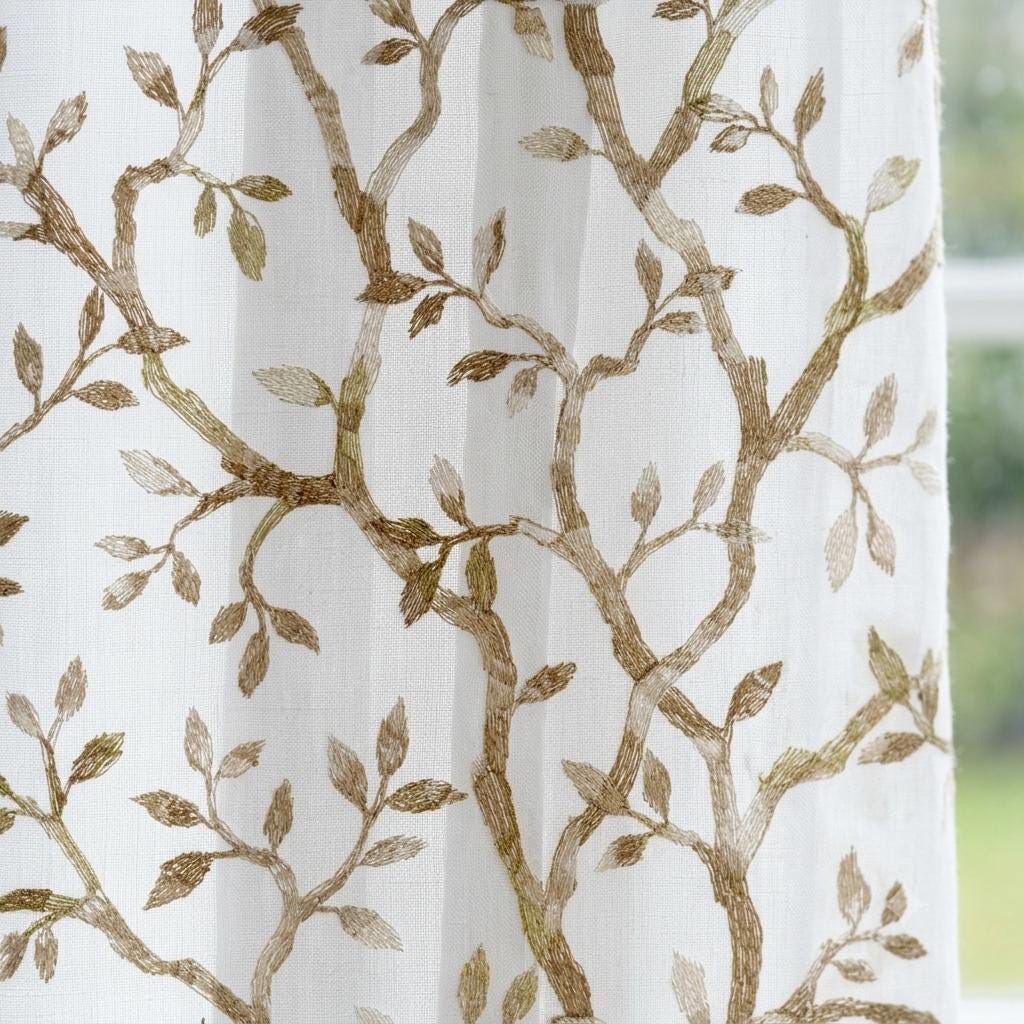 White Linen Sheer Curtains, Flax Beige Embroidered Botanical Vine Drapes, Custom Pure Linen Curtain Panel — image 8