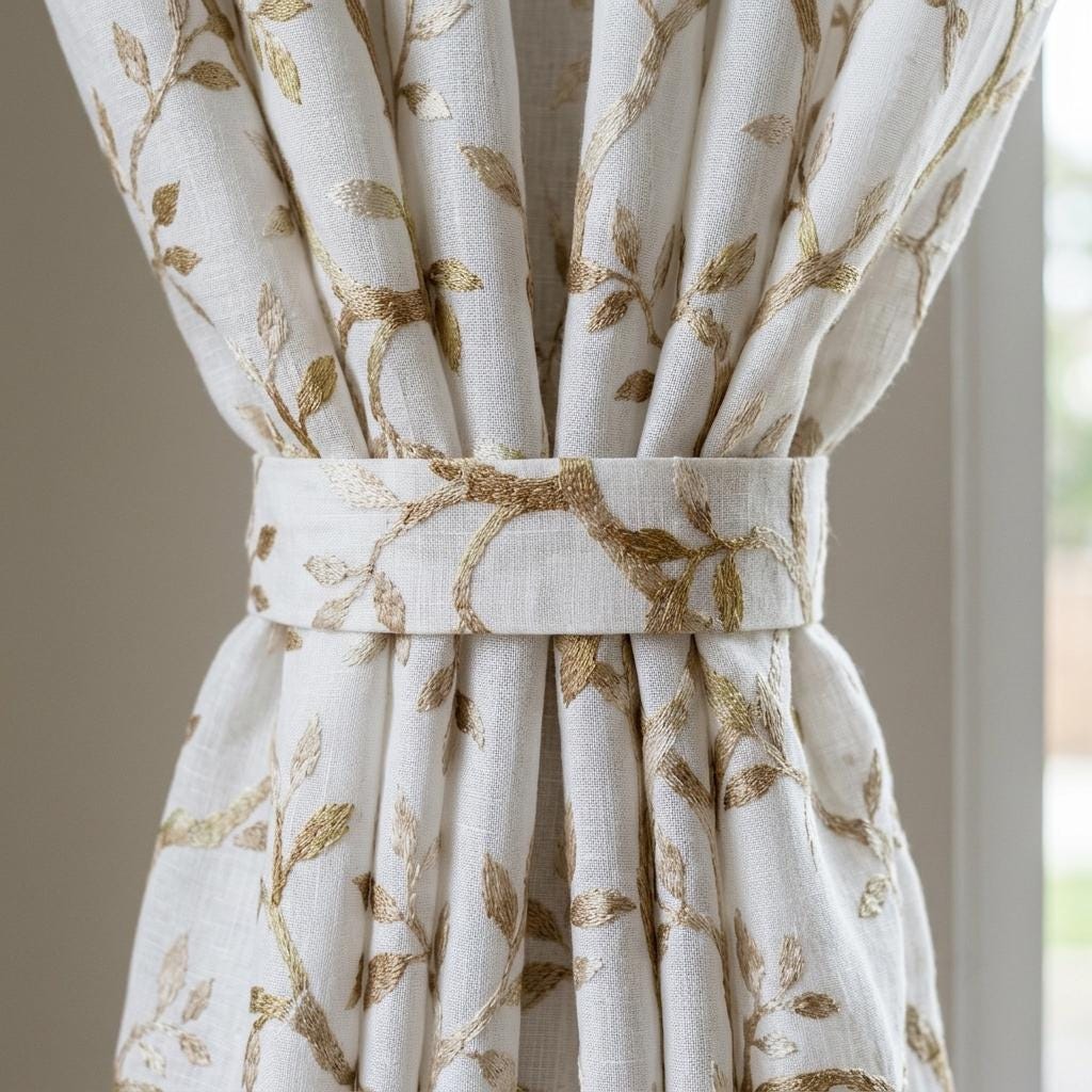 White Linen Sheer Curtains, Flax Beige Embroidered Botanical Vine Drapes, Custom Pure Linen Curtain Panel — image 5