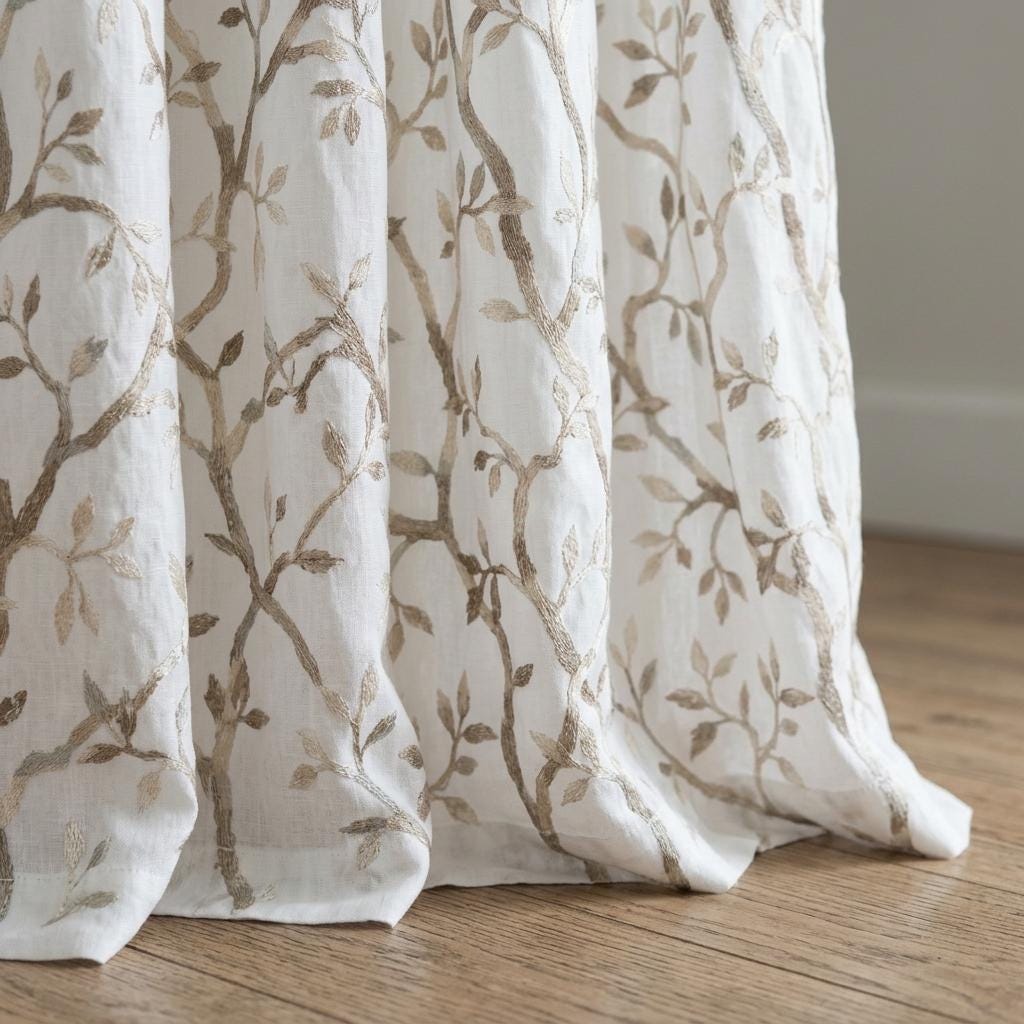 White Pure Linen Sheer Curtains, Stone Greige Taupe Embroidered Vine Drapes, Botanical Custom Curtain Panel — image 3