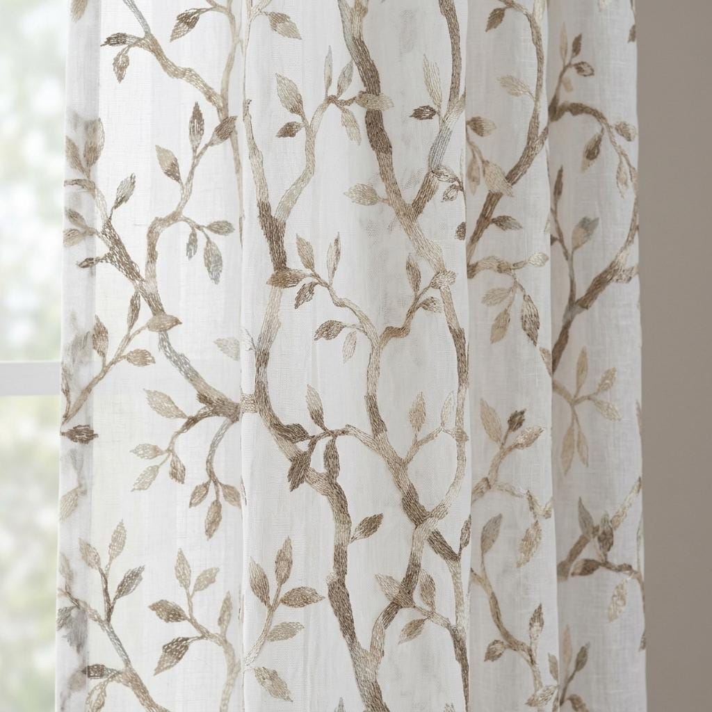 White Pure Linen Sheer Curtains, Stone Greige Taupe Embroidered Vine Drapes, Botanical Custom Curtain Panel — image 1