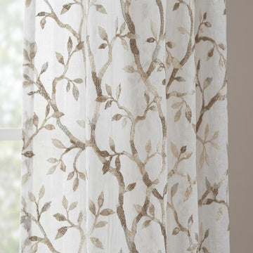 White Pure Linen Sheer Curtains, Stone Greige Taupe Embroidered Vine Drapes, Botanical Custom Curtain Panel — image 1