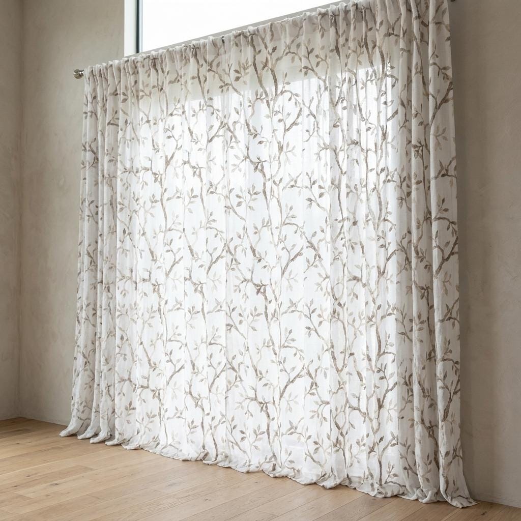 White Pure Linen Sheer Curtains, Stone Greige Taupe Embroidered Vine Drapes, Botanical Custom Curtain Panel — image 4