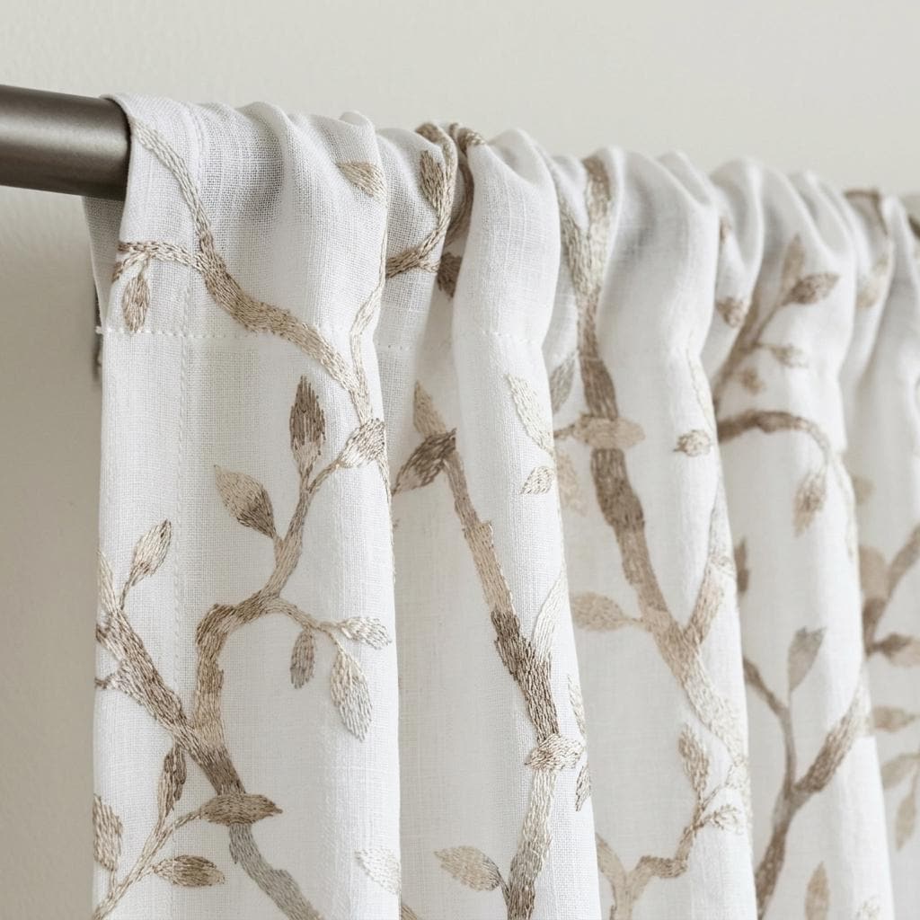 White Pure Linen Sheer Curtains, Stone Greige Taupe Embroidered Vine Drapes, Botanical Custom Curtain Panel — image 6