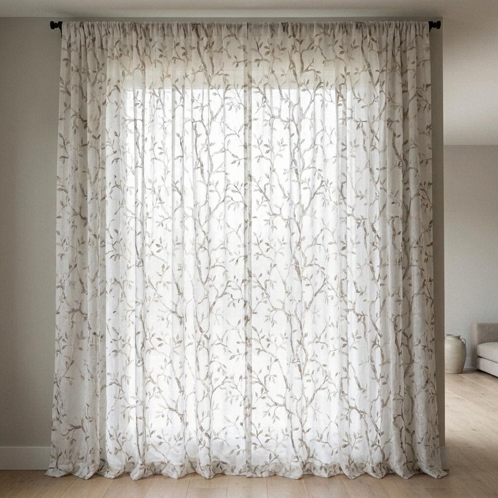 White Pure Linen Sheer Curtains, Stone Greige Taupe Embroidered Vine Drapes, Botanical Custom Curtain Panel — image 7