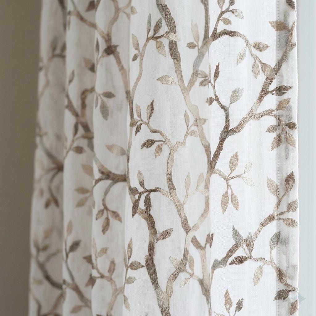 White Pure Linen Sheer Curtains, Stone Greige Taupe Embroidered Vine Drapes, Botanical Custom Curtain Panel — image 8