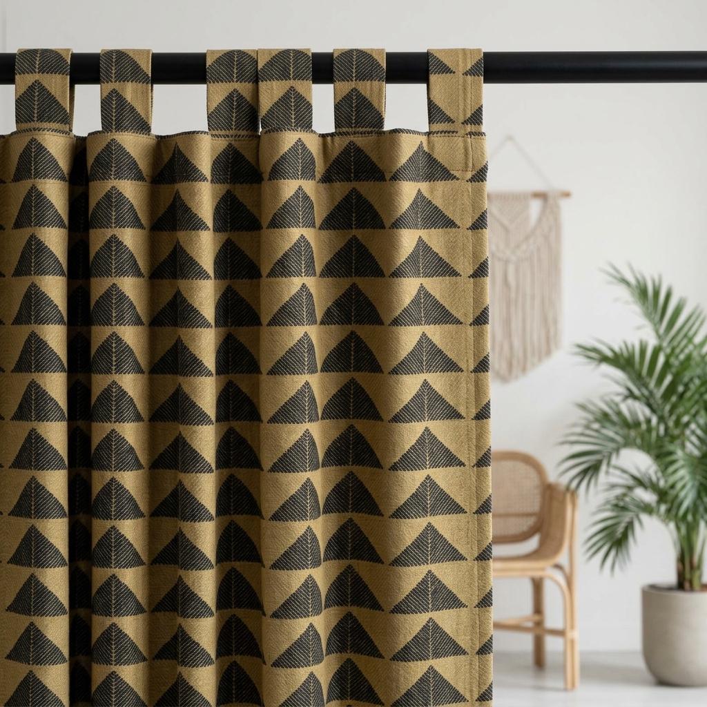 Olive Khaki Black Tribal Pure Cotton Curtains, Boho Heavyweight Drapes, Custom Blackout Cafe Curtain Panels — image 6
