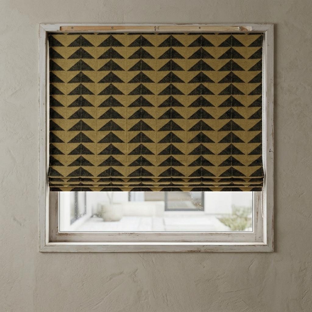 Boho Tribal Roman Shade, Olive Gold & Black Thick Cotton Corded Blind, Custom Blackout or Light Filtering Window Shade — image 1