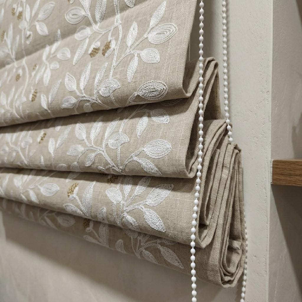 Natural Linen Roman Shade, White Botanical Embroidered Corded Blind, Custom Blackout Window Shade — image 7
