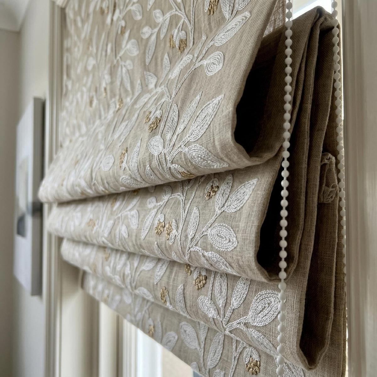 Natural Linen Roman Shade, White Botanical Embroidered Corded Blind, Custom Blackout Window Shade — image 5