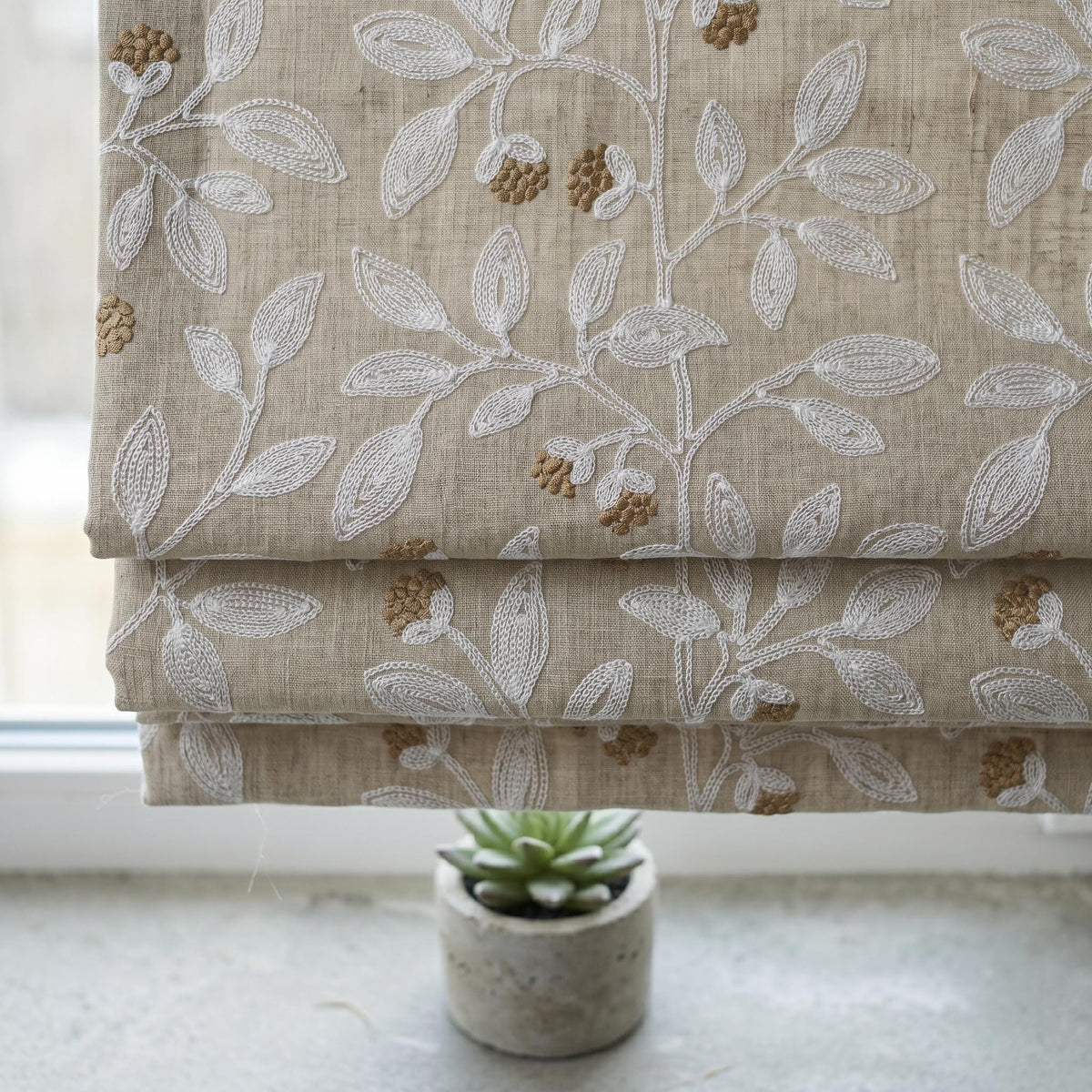 Natural Linen Roman Shade, White Botanical Embroidered Corded Blind, Custom Blackout Window Shade — image 2