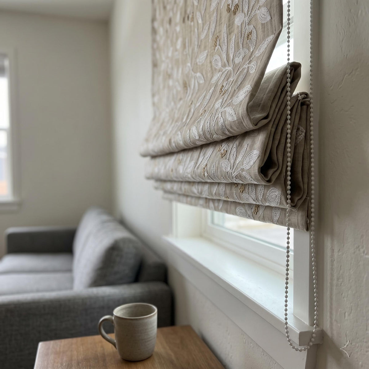Natural Linen Roman Shade, White Botanical Embroidered Corded Blind, Custom Blackout Window Shade — image 9