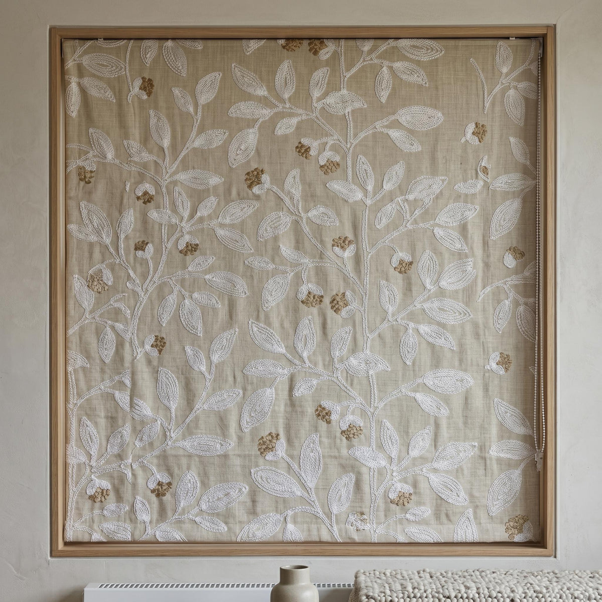 Natural Linen Roman Shade, White Botanical Embroidered Corded Blind, Custom Blackout Window Shade — image 6