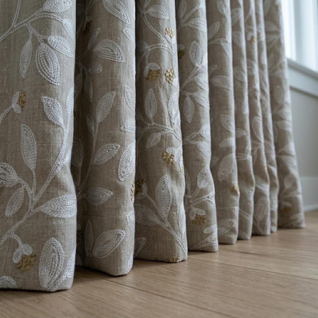 Natural Linen Taupe Embroidered Curtains, White Leaf Vine Drapes, Gold Beige Floral, Custom Blackout Cotton Panels — image 4