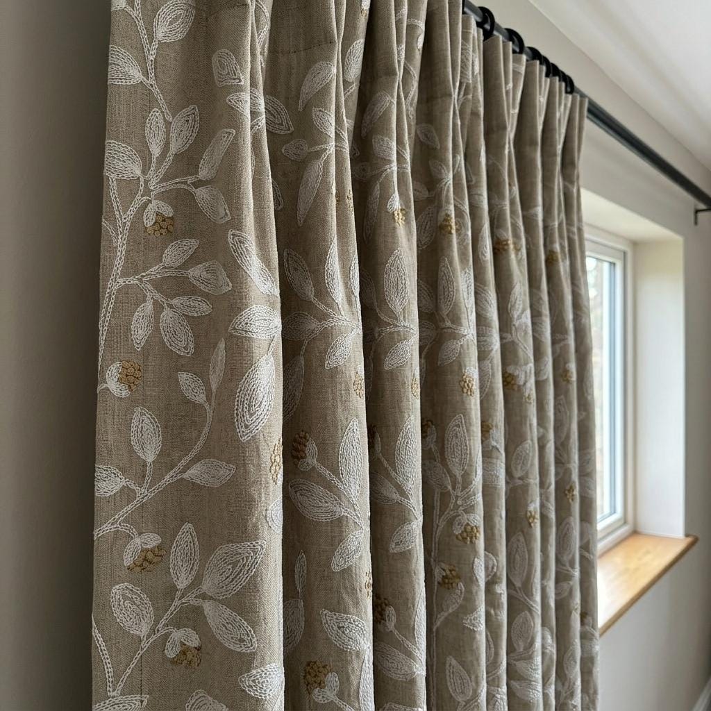 Natural Linen Taupe Embroidered Curtains, White Leaf Vine Drapes, Gold Beige Floral, Custom Blackout Cotton Panels — image 8