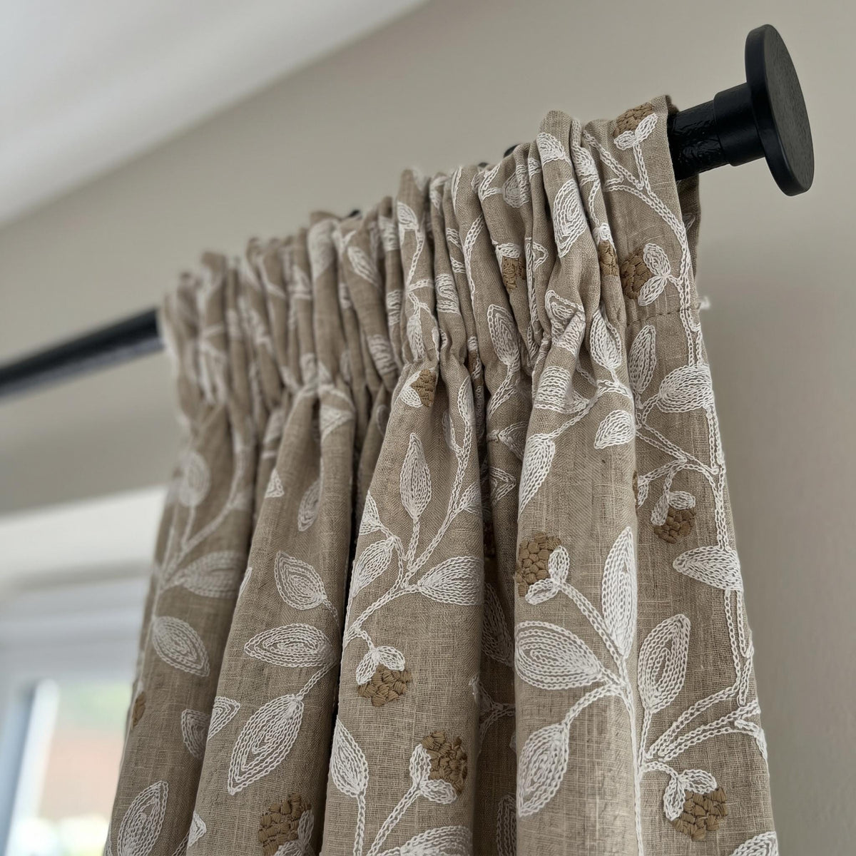 Natural Linen Taupe Embroidered Curtains, White Leaf Vine Drapes, Gold Beige Floral, Custom Blackout Cotton Panels — image 9