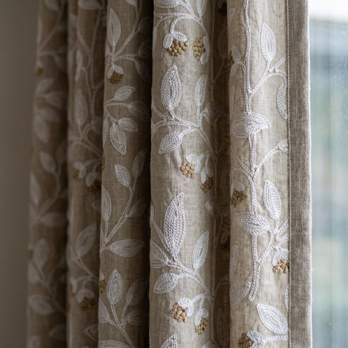 Natural Linen Taupe Embroidered Curtains, White Leaf Vine Drapes, Gold Beige Floral, Custom Blackout Cotton Panels — image 7