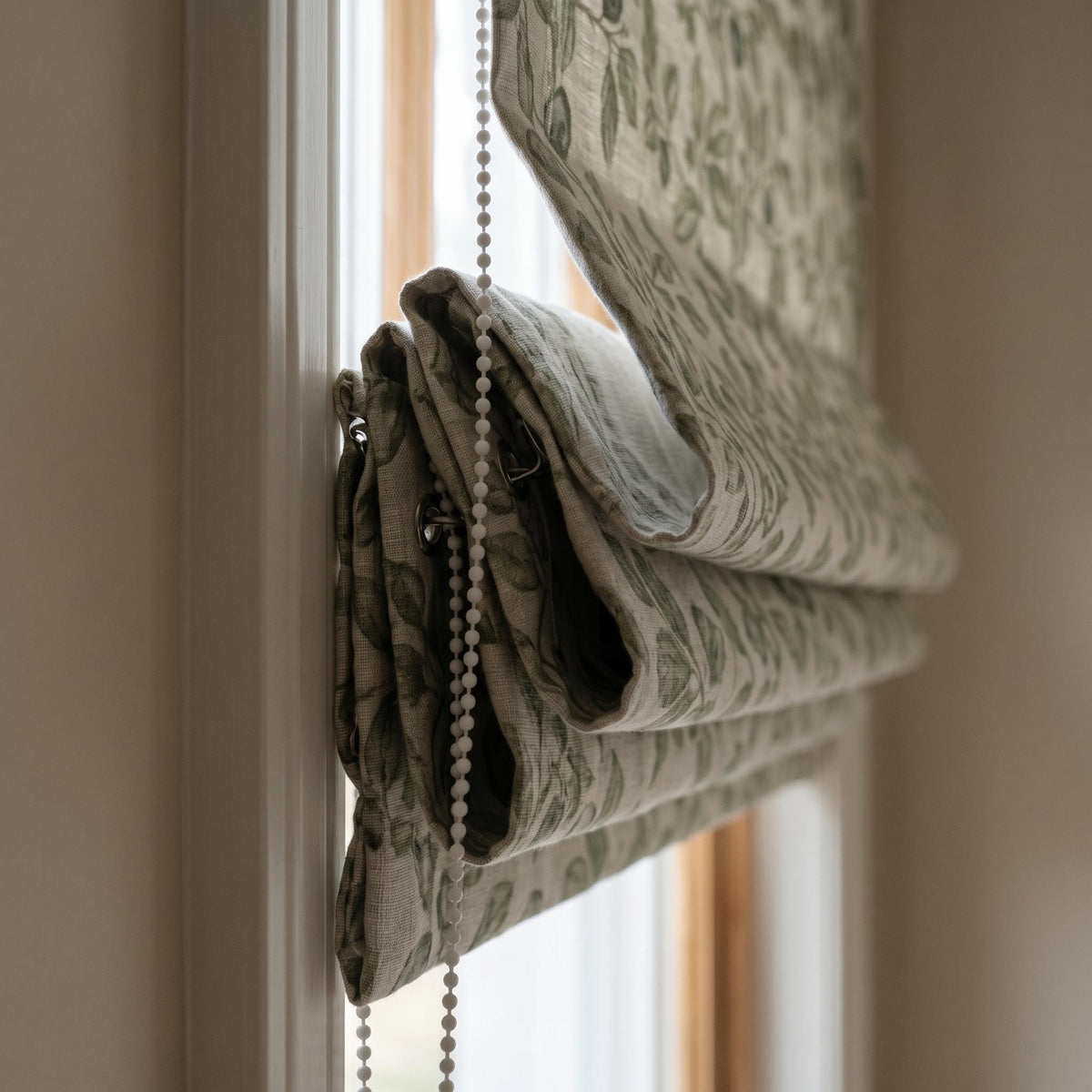 Sage Green Botanical Linen Roman Shade, Natural Beige Corded Roman Blind, Custom Blackout Leaf Window Shade — image 5