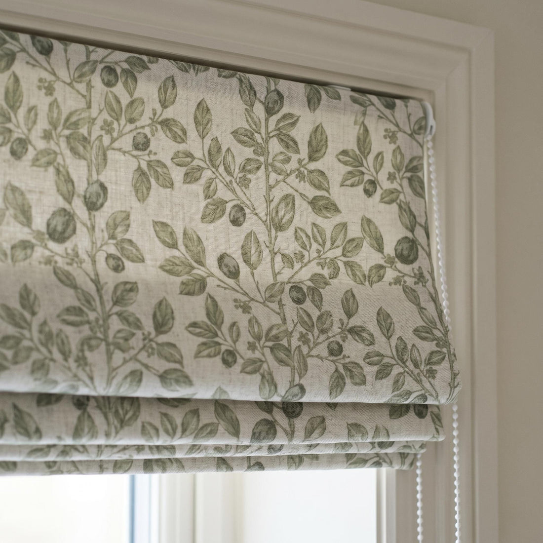 Sage Green Botanical Linen Roman Shade, Natural Beige Corded Roman Blind, Custom Blackout Leaf Window Shade — image 1