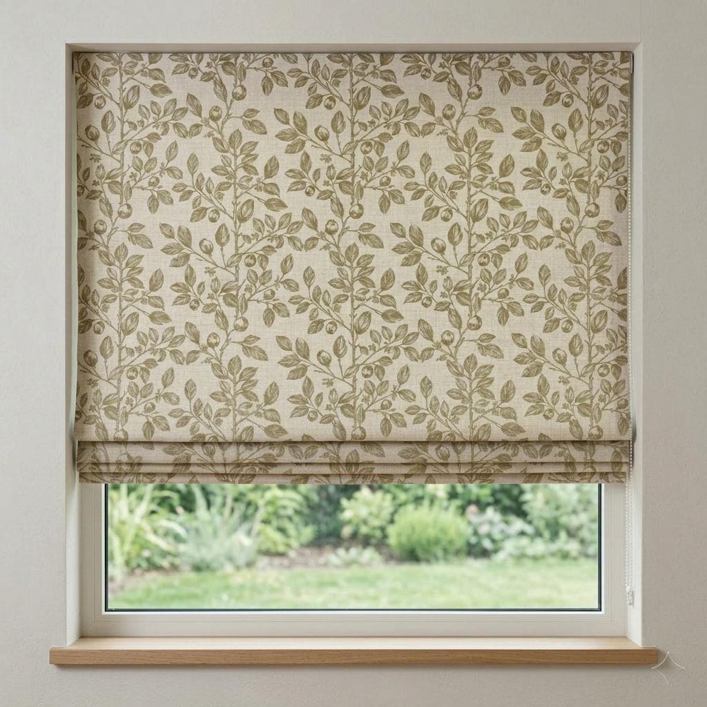 Sage Olive Botanical Linen Roman Shade, Custom Corded Roman Blind, Floral Vine Window Shade, Blackout or Light Filtering — image 1