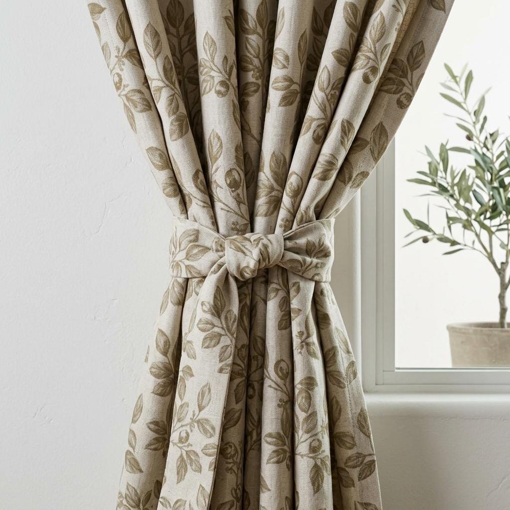 Heavy Sage Olive Botanical Pure Linen Curtains, Oatmeal Flax Leaf Vine Drapes, Blackout or Cotton Lined Panels — image 1